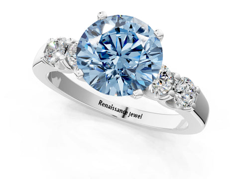 White gold Fancy Blue Round Cut Brilliant Diamond Five-Stone Engagement Ring with Prong Setting on a Classic Band_4