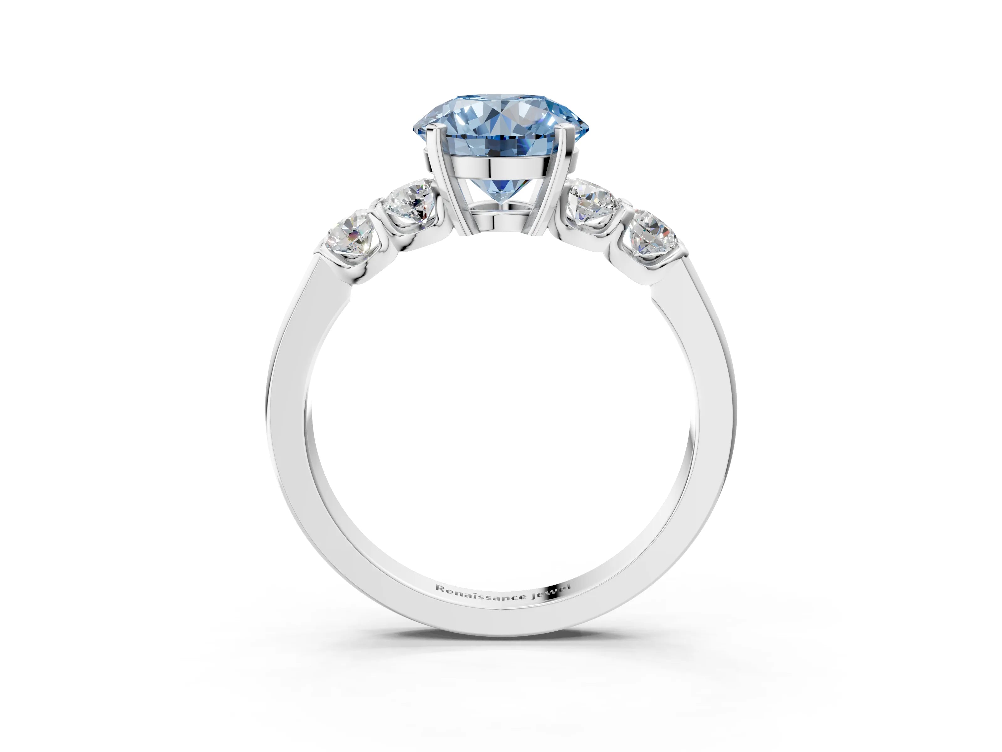 White gold Fancy Blue Round Cut Brilliant Diamond Five-Stone Engagement Ring with Prong Setting on a Classic Band_6