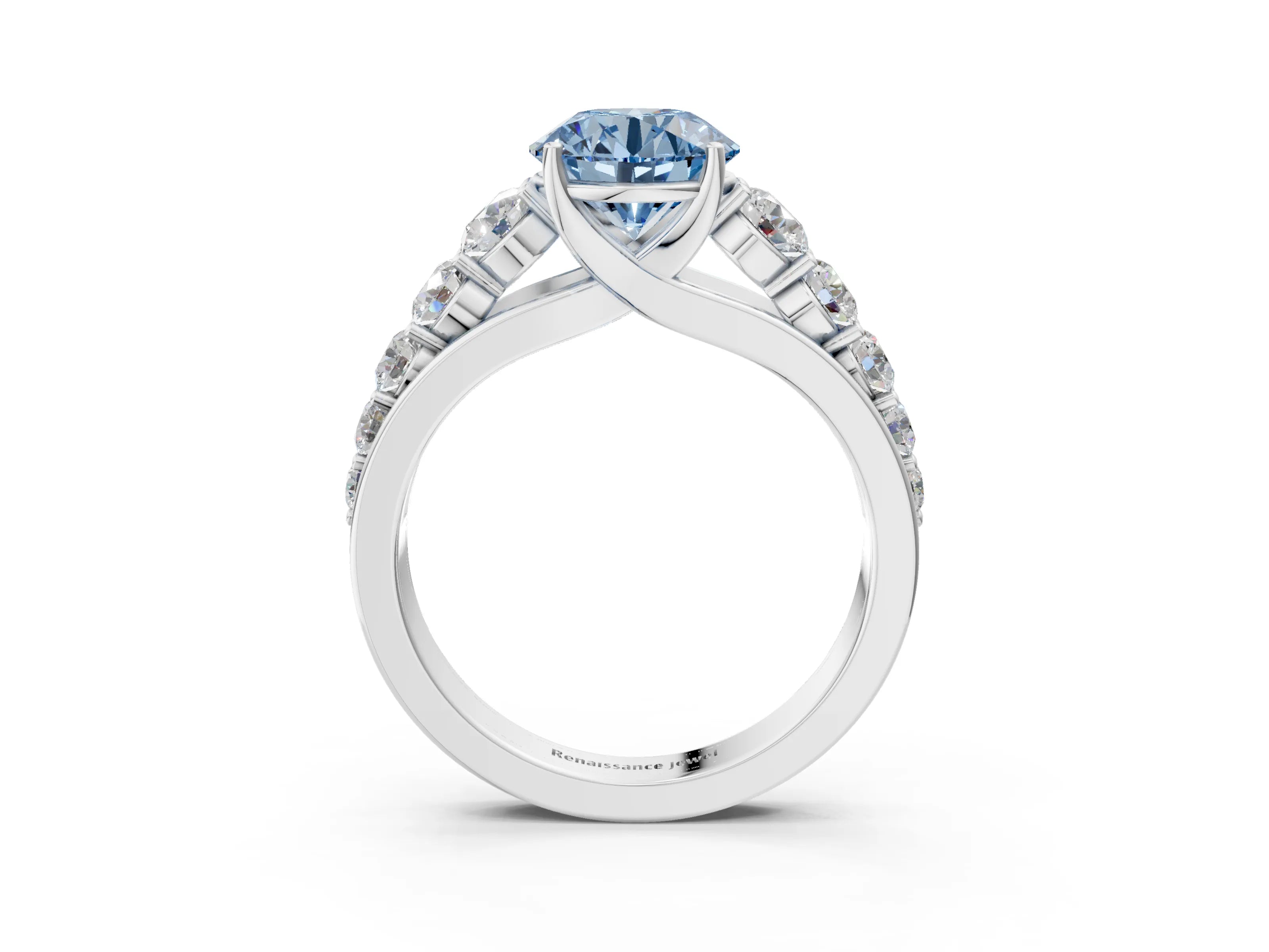 White gold Fancy Blue Round Cut Brilliant Diamond Pavé Band with Six-Prong Setting_3