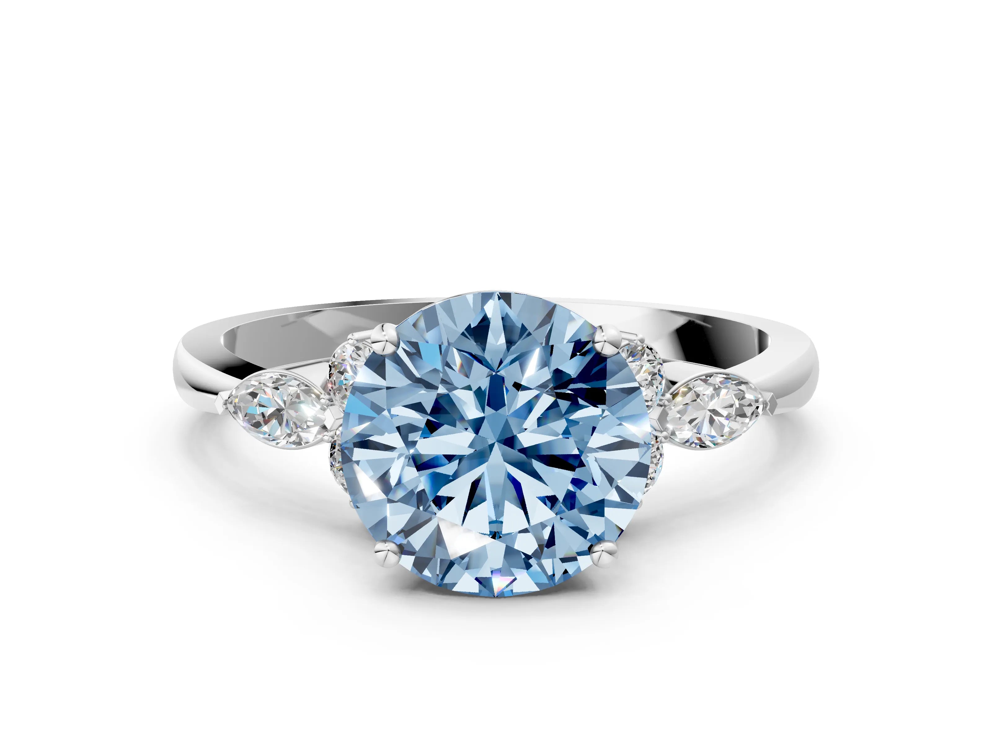 White gold Fancy Blue Round Cut Brilliant Diamond Solitaire Ring with Pear Side Stones and Four-Prong Setting_18