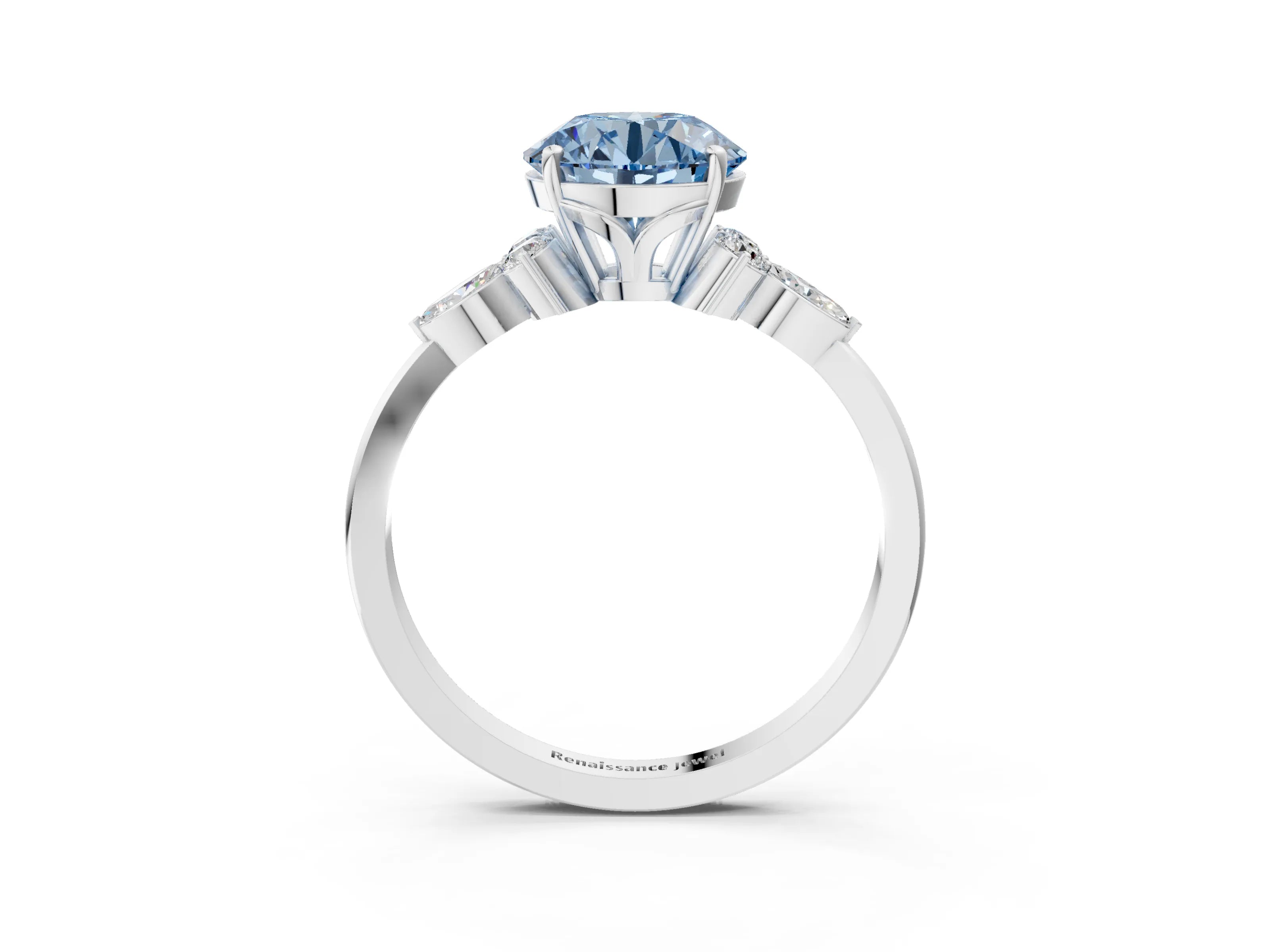 White gold Fancy Blue Round Cut Brilliant Diamond Solitaire Ring with Pear Side Stones and Four-Prong Setting_21