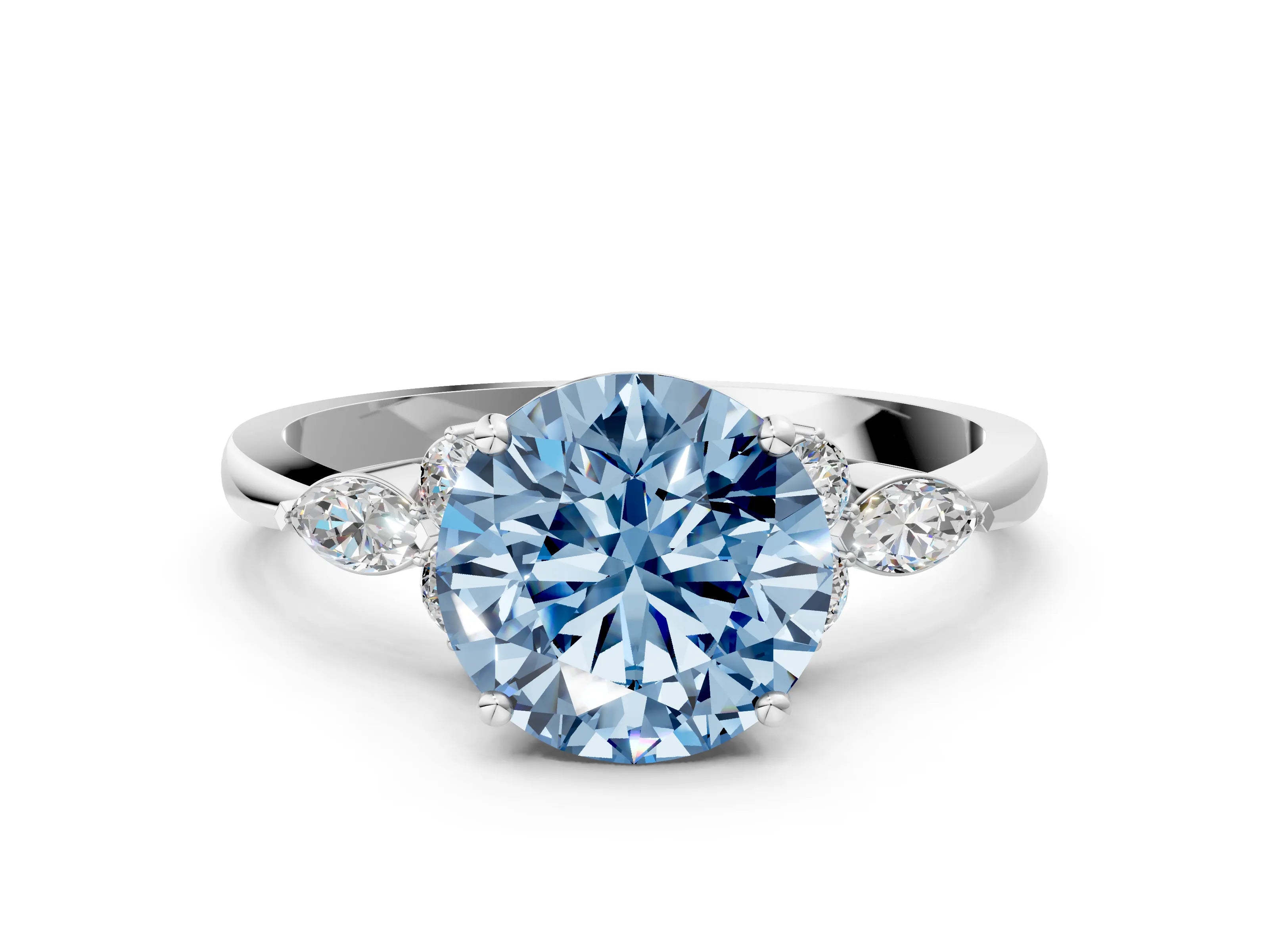 White gold Fancy Blue Round Cut Brilliant Diamond Solitaire Ring with Pear Side Stones and Four-Prong Setting_30