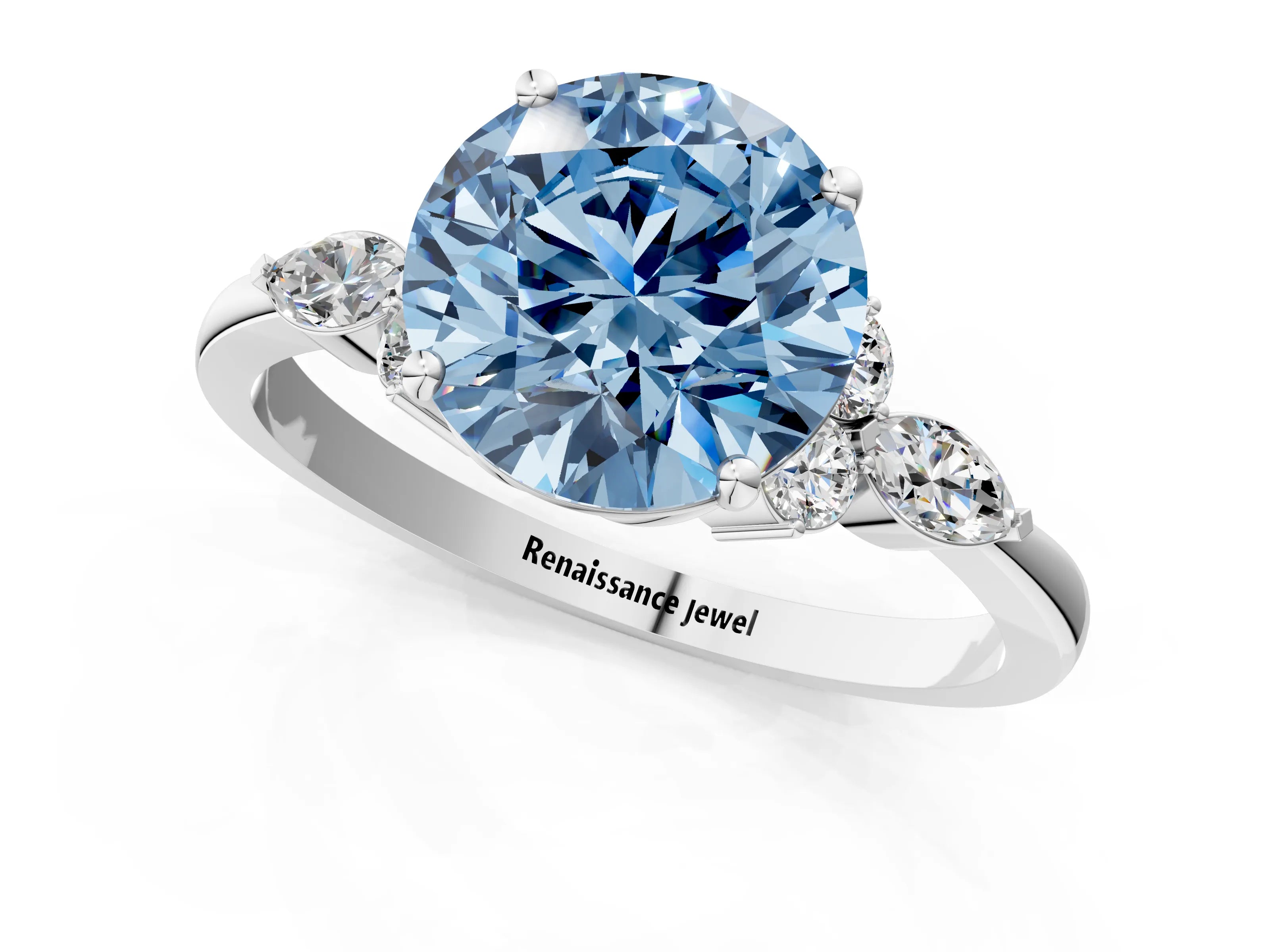 White gold Fancy Blue Round Cut Brilliant Diamond Solitaire Ring with Pear Side Stones and Four-Prong Setting_31