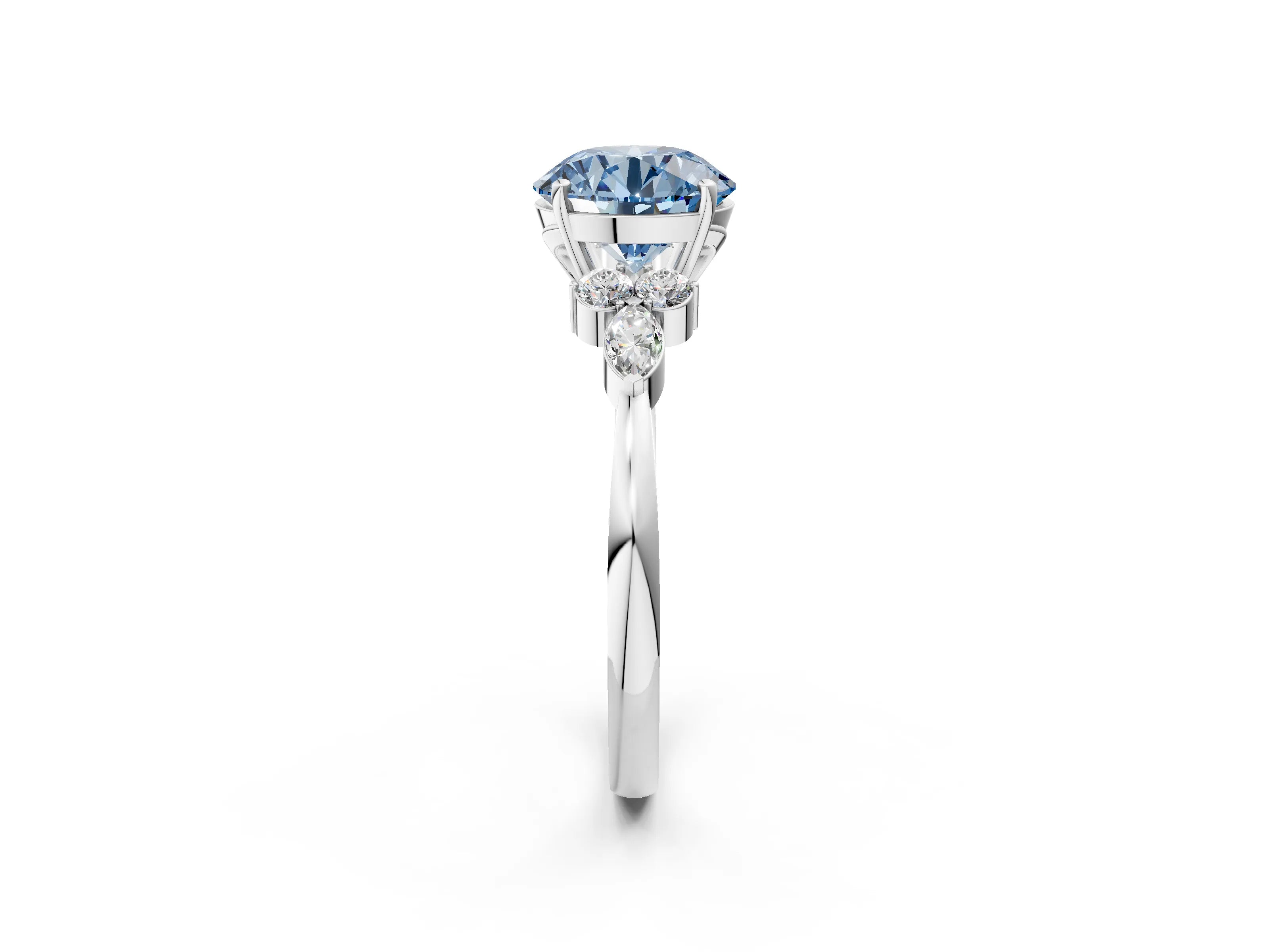 White gold Fancy Blue Round Cut Brilliant Diamond Solitaire Ring with Pear Side Stones and Four-Prong Setting_32