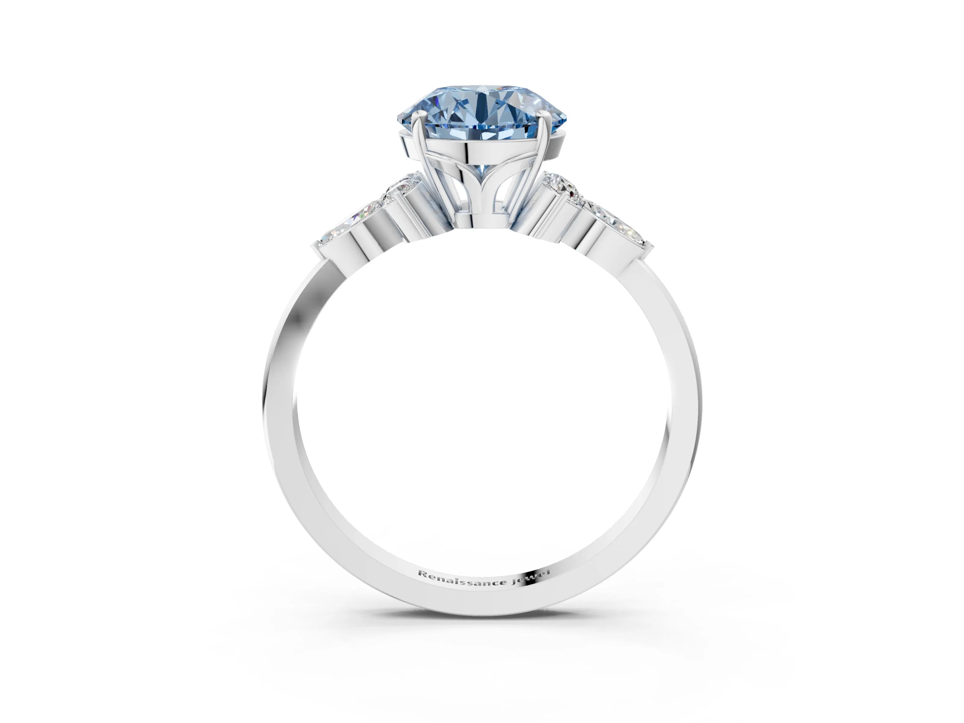 White gold Fancy Blue Round Cut Brilliant Diamond Solitaire Ring with Pear Side Stones and Four-Prong Setting_33