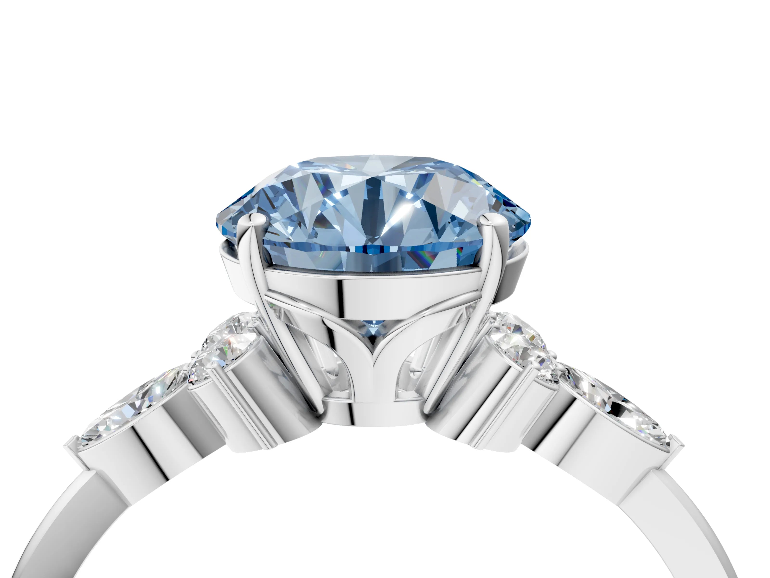 White gold Fancy Blue Round Cut Brilliant Diamond Solitaire Ring with Pear Side Stones and Four-Prong Setting_34
