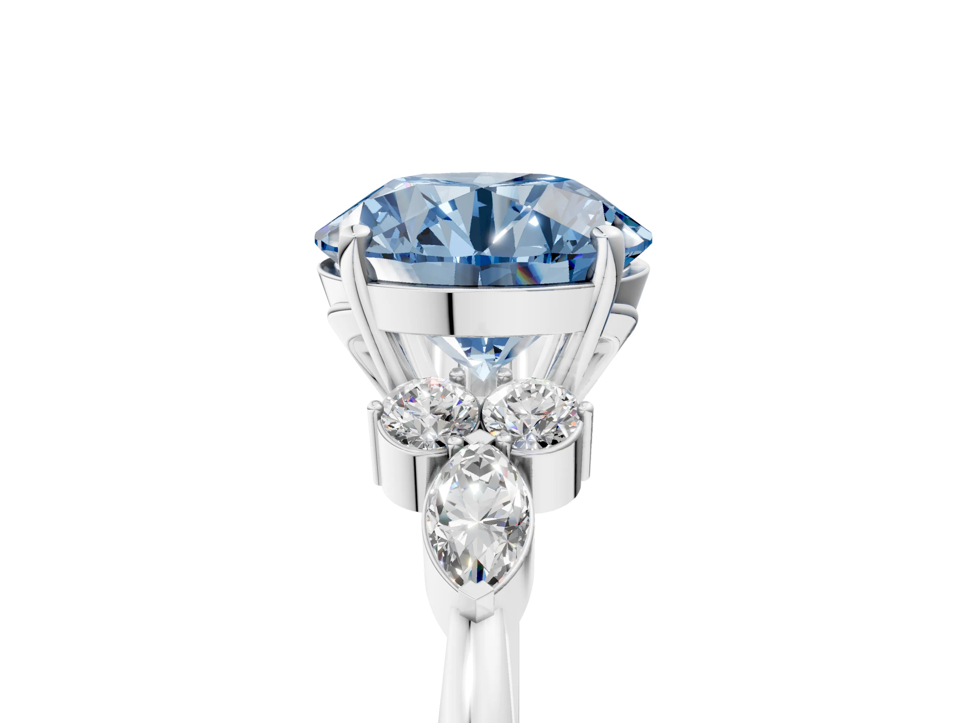 White gold Fancy Blue Round Cut Brilliant Diamond Solitaire Ring with Pear Side Stones and Four-Prong Setting_35