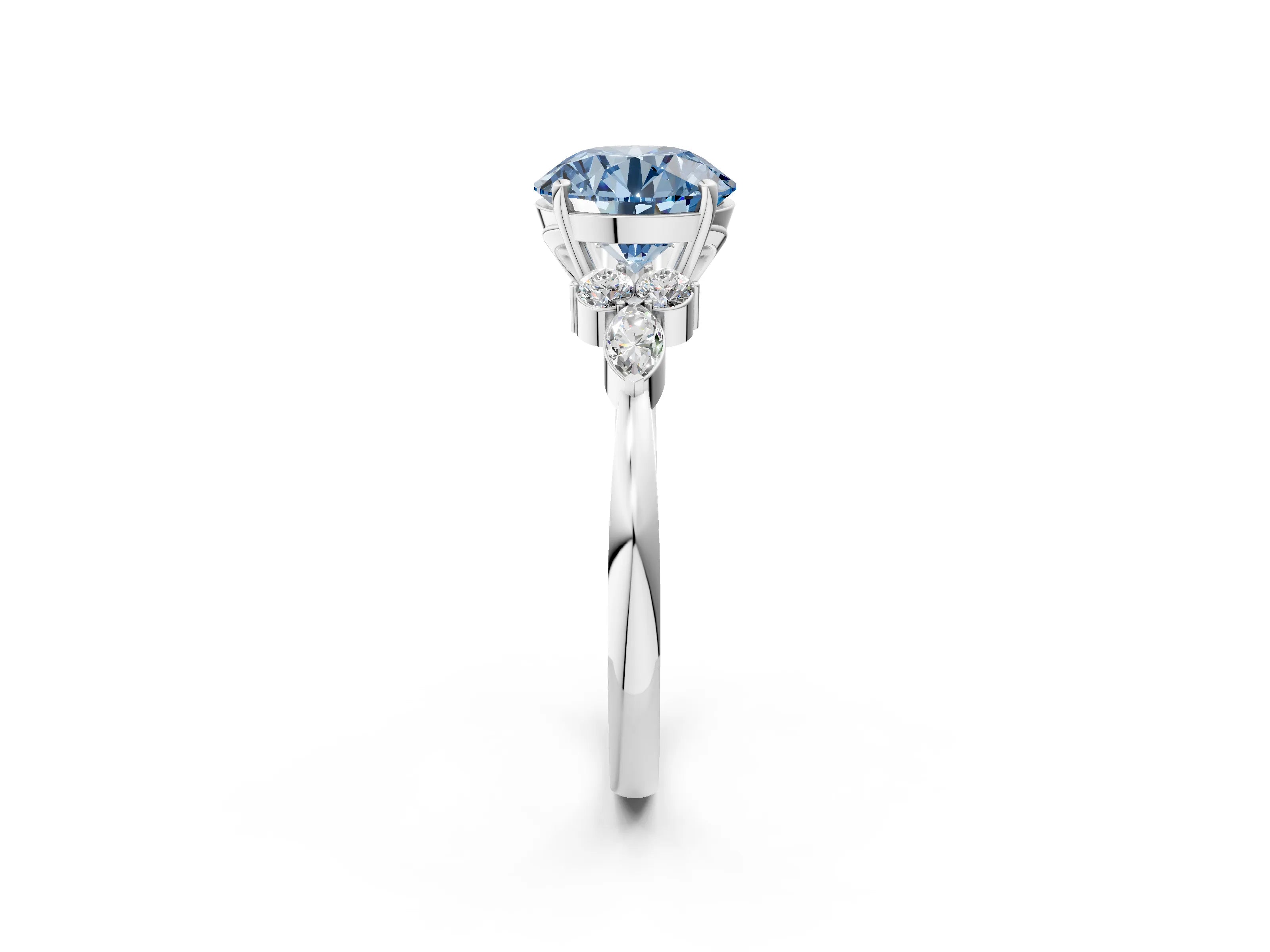 White gold Fancy Blue Round Cut Brilliant Diamond Solitaire Ring with Pear Side Stones and Four-Prong Setting_8