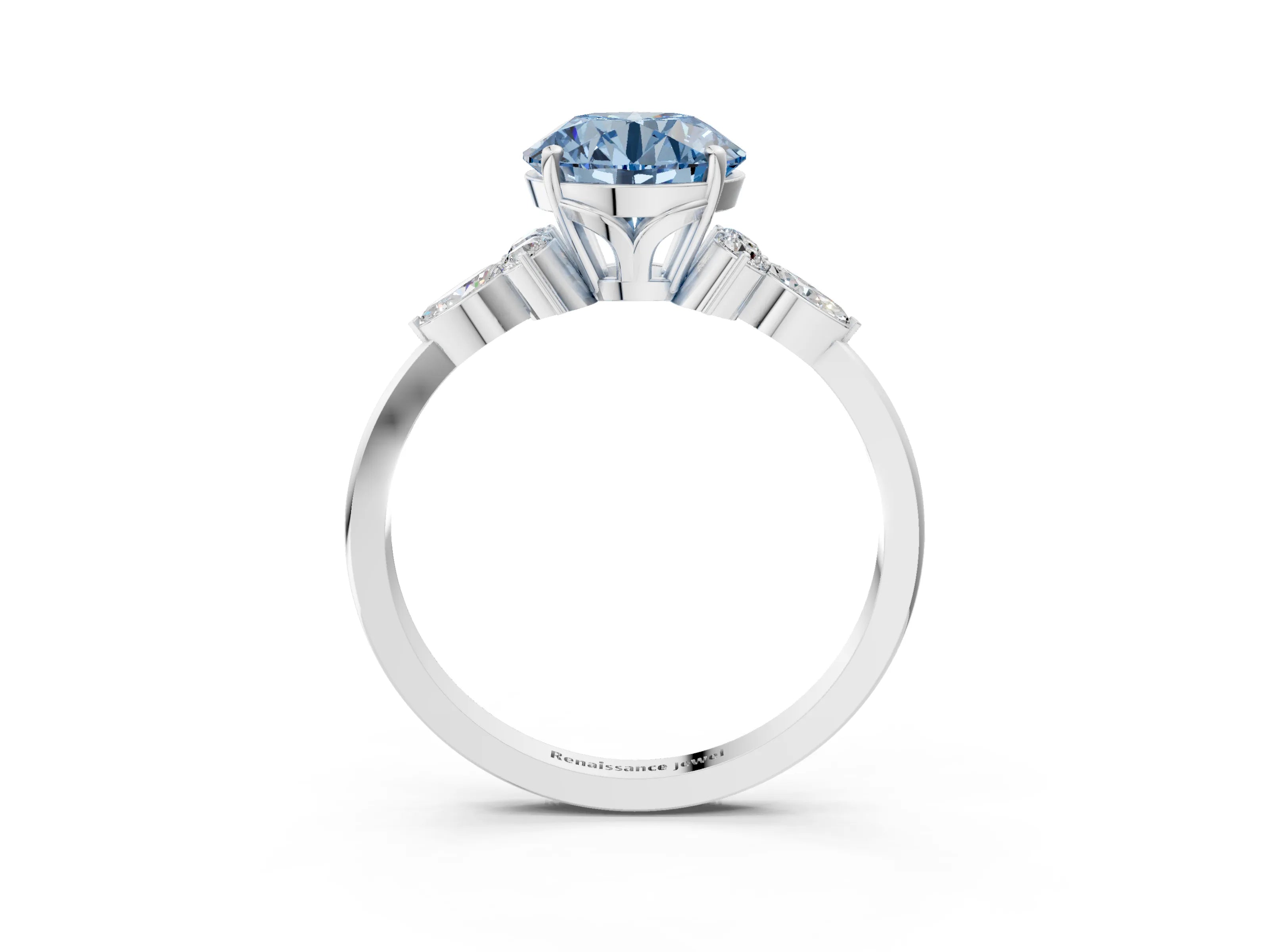 White gold Fancy Blue Round Cut Brilliant Diamond Solitaire Ring with Pear Side Stones and Four-Prong Setting_9