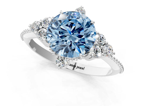 White gold Fancy Blue Round Cut Brilliant Diamond with Cluster Setting on a Beaded Band and Four-Prong Setting_1