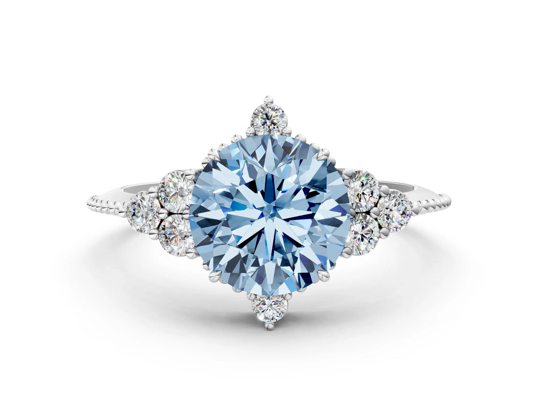 White gold Fancy Blue Round Cut Brilliant Diamond with Cluster Setting on a Beaded Band and Four-Prong Setting_24