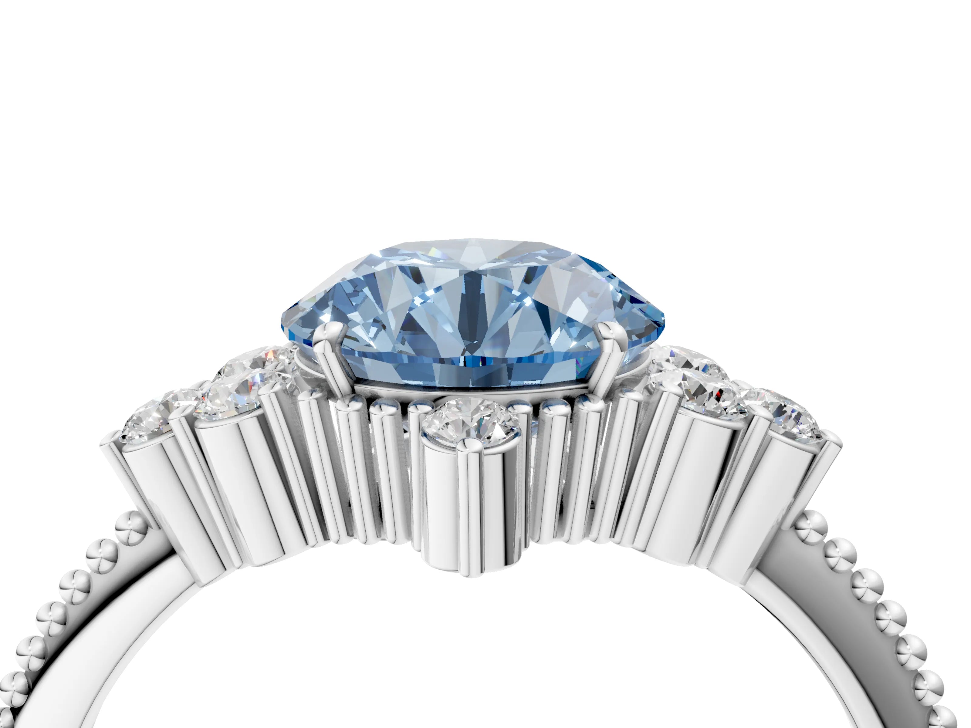 White gold Fancy Blue Round Cut Brilliant Diamond with Cluster Setting on a Beaded Band and Four-Prong Setting_4