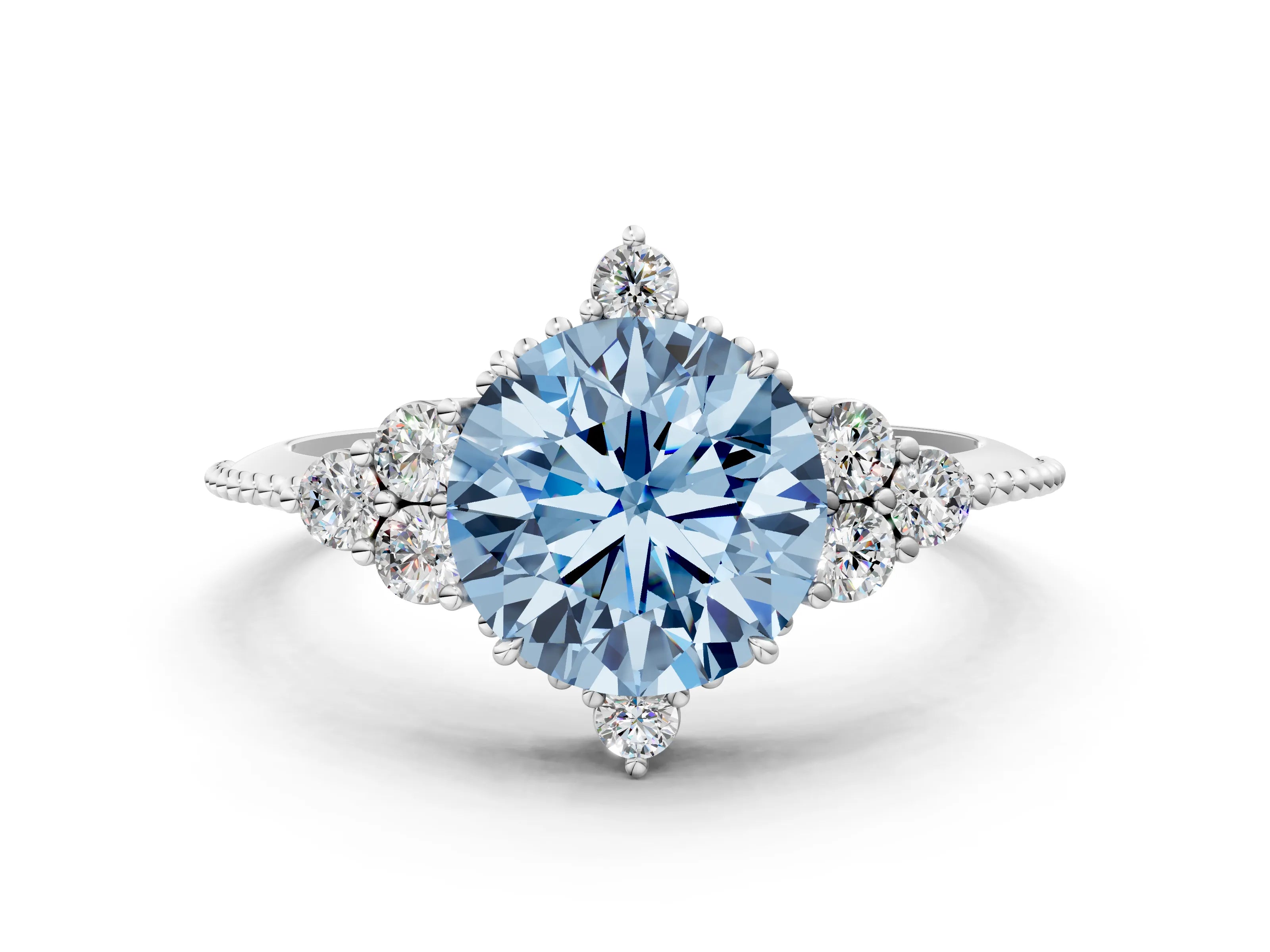 White gold Fancy Blue Round Cut Brilliant Diamond with Cluster Setting on a Beaded Band and Four-Prong Setting