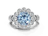 White gold Fancy Blue Round Cut Brilliant Milgrain Pave Heart Band Solitaire Ring