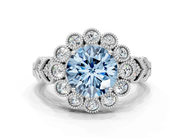 Platinum Fancy Blue Round Cut Brilliant Milgrain Pave Heart Band Solitaire Ring