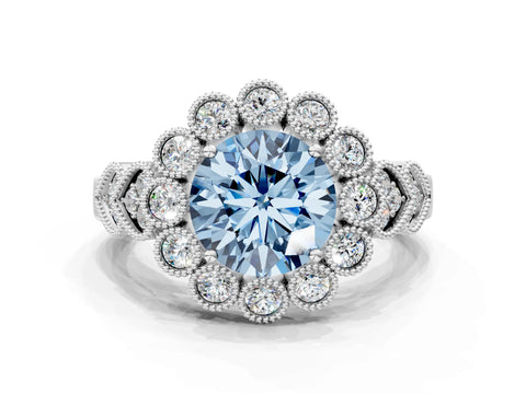 White gold Fancy Blue Round Cut Brilliant Milgrain Pave Heart Band Solitaire Ring_12