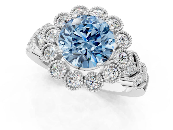 Platinum Fancy Blue Round Cut Brilliant Milgrain Pave Heart Band Solitaire Ring