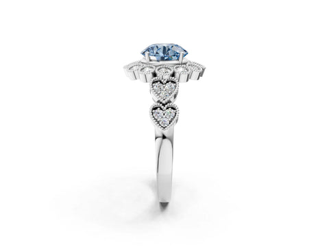 White gold Fancy Blue Round Cut Brilliant Milgrain Pave Heart Band Solitaire Ring_14