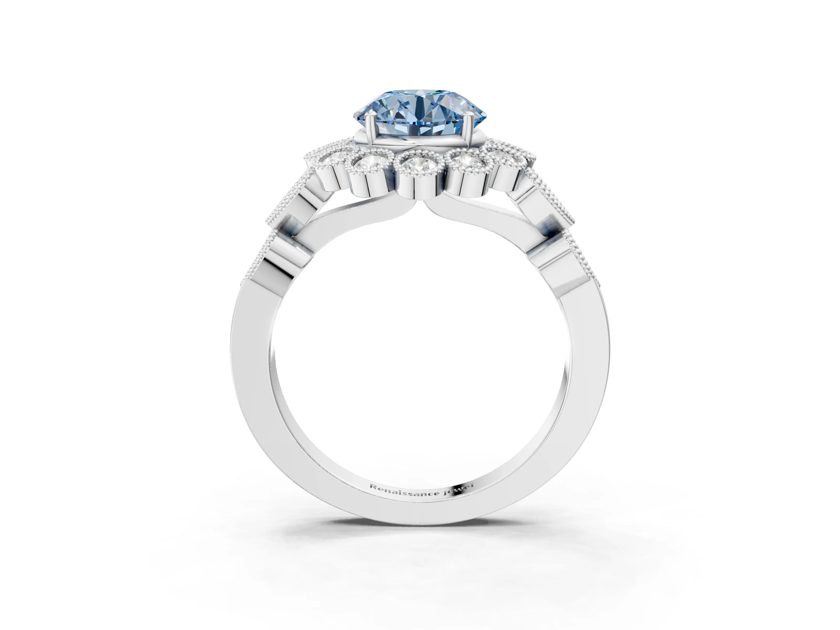 White gold Fancy Blue Round Cut Brilliant Milgrain Pave Heart Band Solitaire Ring_15