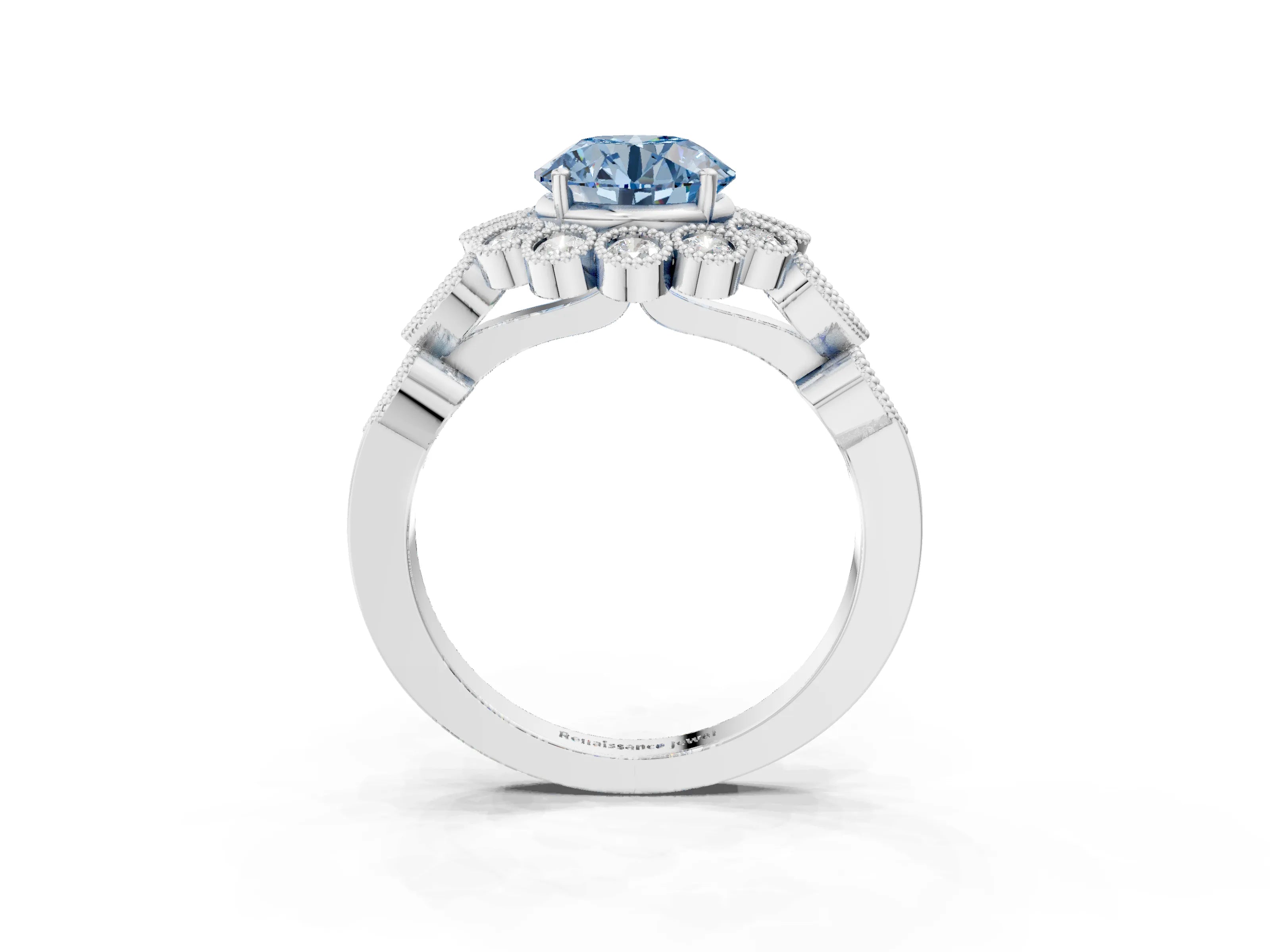 White gold Fancy Blue Round Cut Brilliant Milgrain Pave Heart Band Solitaire Ring_15