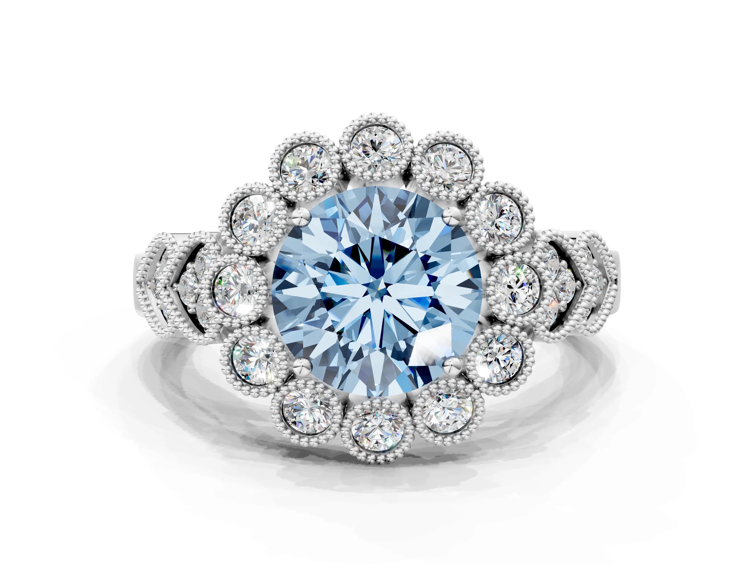 White gold Fancy Blue Round Cut Brilliant Milgrain Pave Heart Band Solitaire Ring_18