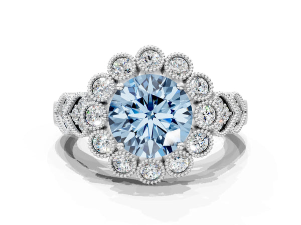 Platinum Fancy Blue Round Cut Brilliant Milgrain Pave Heart Band Solitaire Ring