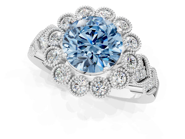 Platinum Fancy Blue Round Cut Brilliant Milgrain Pave Heart Band Solitaire Ring