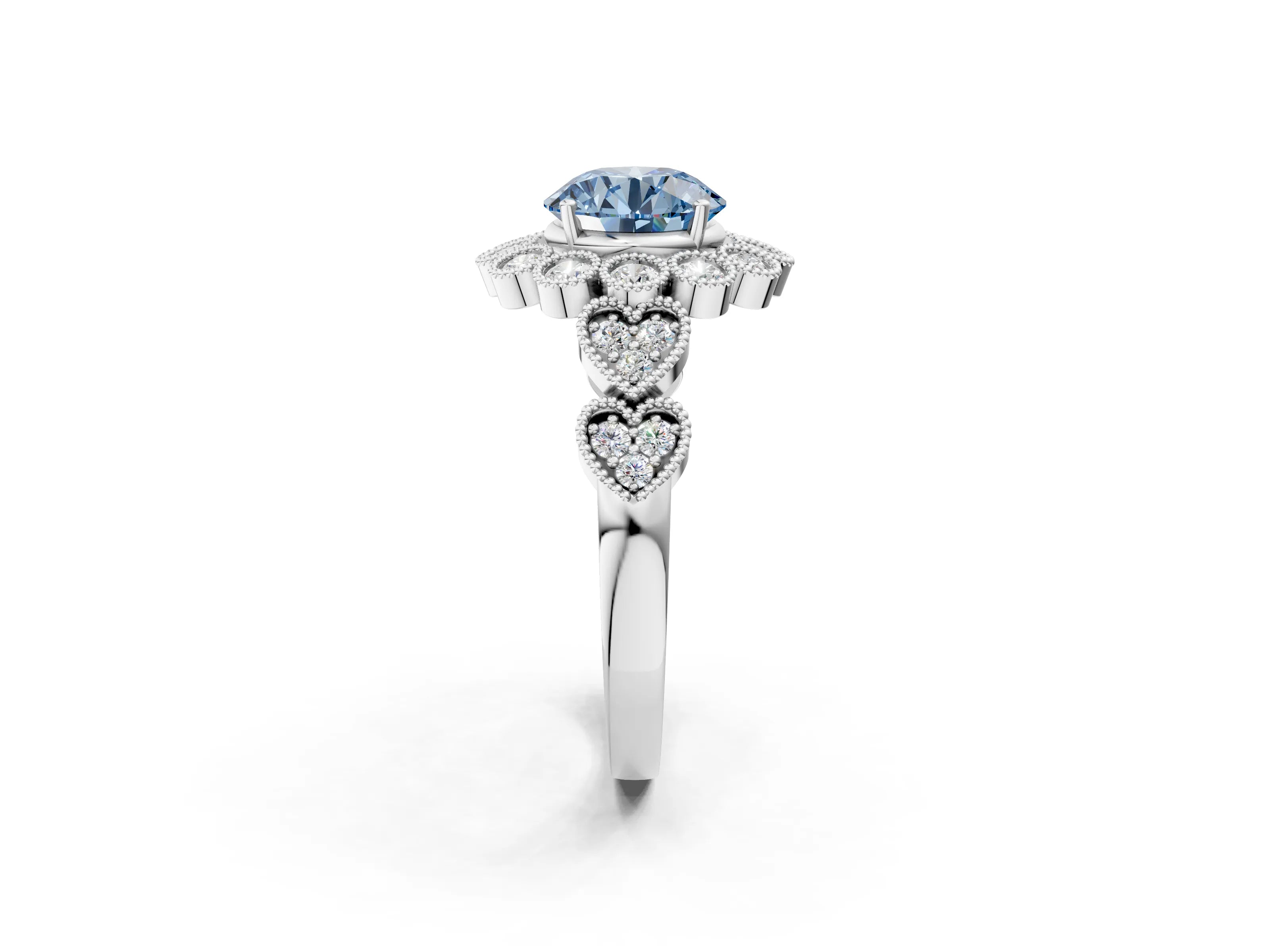 White gold Fancy Blue Round Cut Brilliant Milgrain Pave Heart Band Solitaire Ring_26
