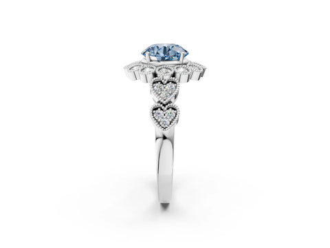 White gold Fancy Blue Round Cut Brilliant Milgrain Pave Heart Band Solitaire Ring_2