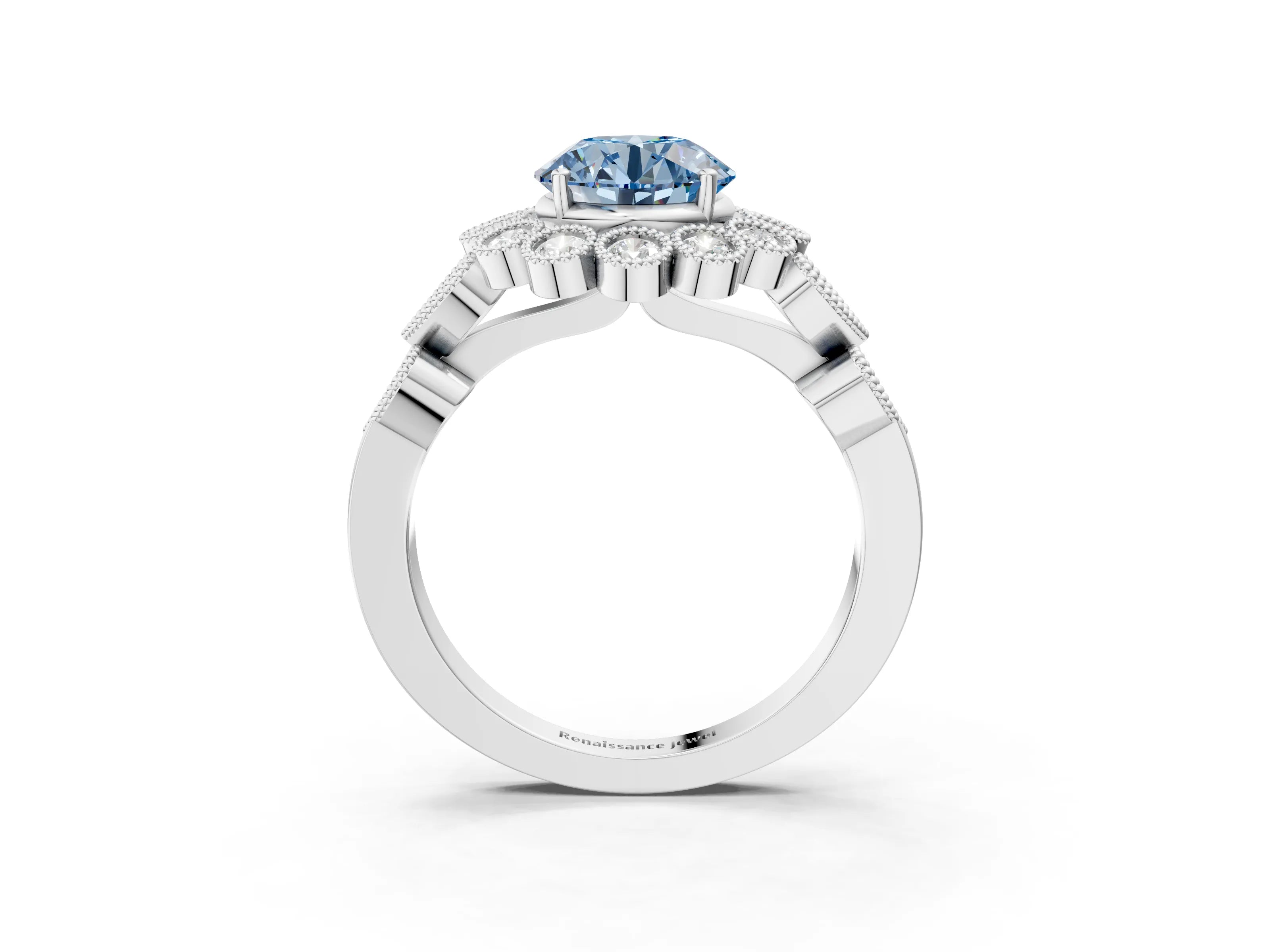 White gold Fancy Blue Round Cut Brilliant Milgrain Pave Heart Band Solitaire Ring_3