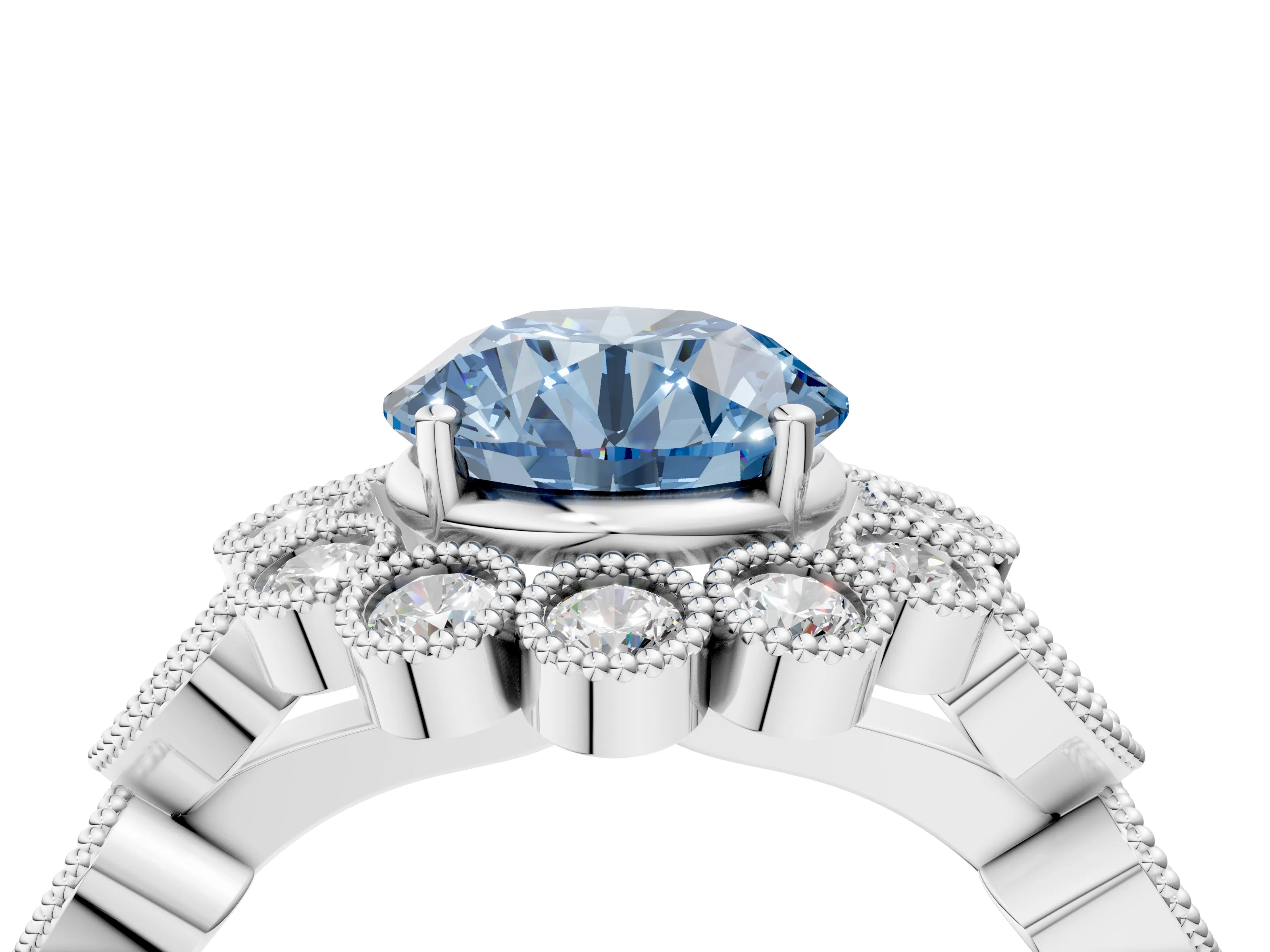 White gold Fancy Blue Round Cut Brilliant Milgrain Pave Heart Band Solitaire Ring_4