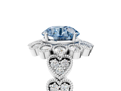 White gold Fancy Blue Round Cut Brilliant Milgrain Pave Heart Band Solitaire Ring_5