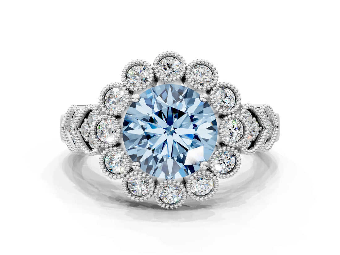 White gold Fancy Blue Round Cut Brilliant Milgrain Pave Heart Band Solitaire Ring_7