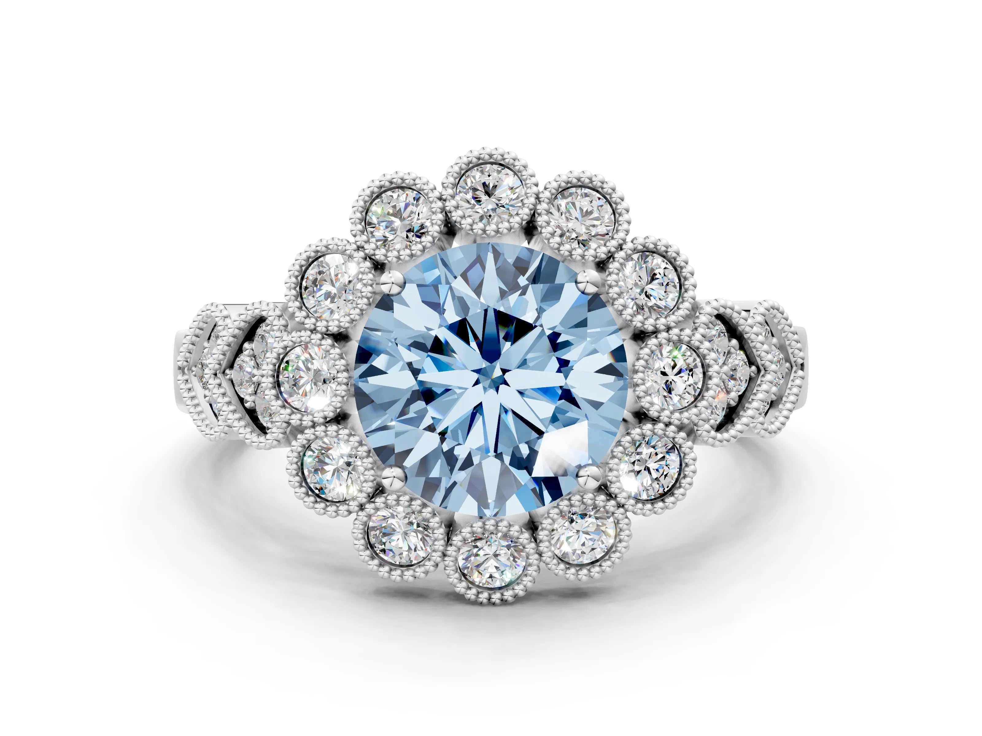 White gold Fancy Blue Round Cut Brilliant Milgrain Pave Heart Band Solitaire Ring