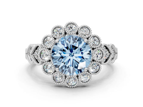 White gold Fancy Blue Round Cut Brilliant Milgrain Pave Heart Band Solitaire Ring