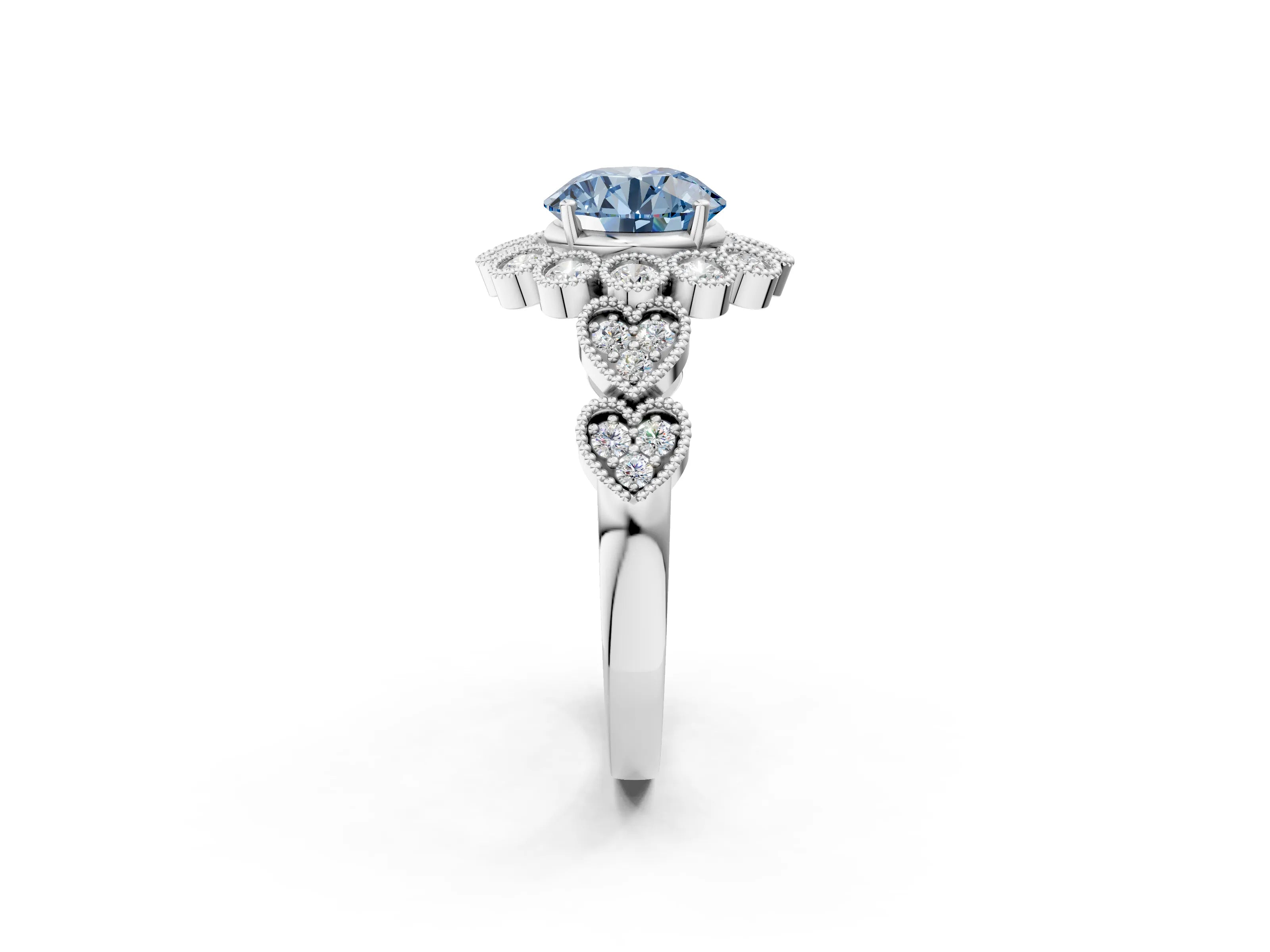White gold Fancy Blue Round Cut Brilliant Milgrain Pave Heart Band Solitaire Ring_9