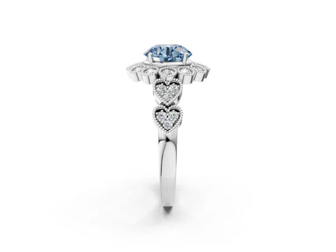 White gold Fancy Blue Round Cut Brilliant Milgrain Pave Heart Band Solitaire Ring_9