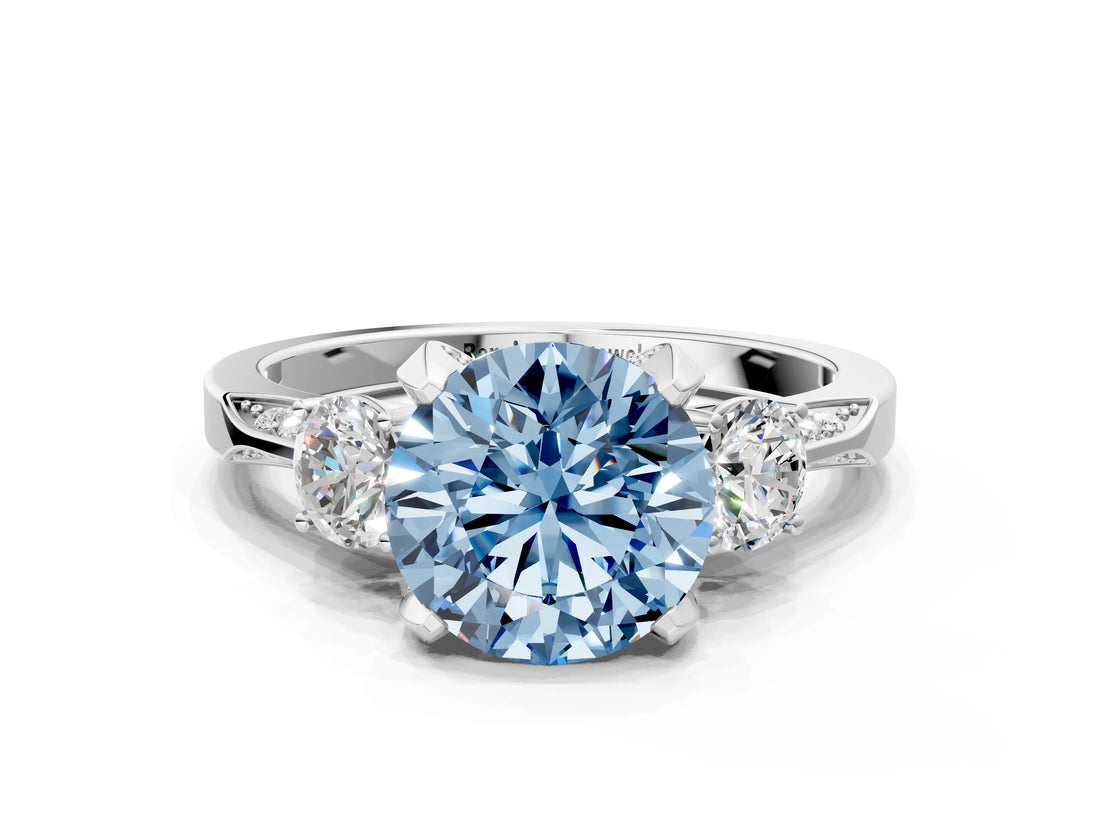 White gold Fancy Blue Round Cut Brilliant Three-Stone Diamond Ring with Pavé Band and Four-Prong Setting_39
