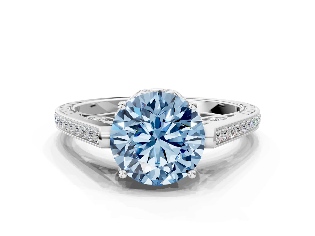 White gold Fancy Blue Round  Cut Cathedral Pave Diamond Engagement Ring with Six-Prong Setting_32