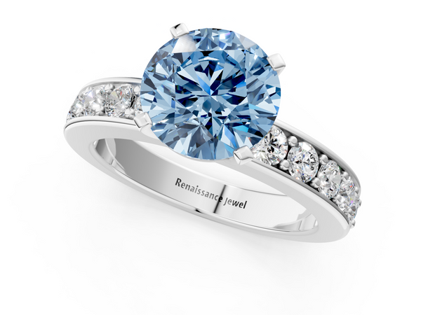 Platinum Fancy Blue Round  Cut Channel Set Diamond Engagement Ring with Four-Prong Setting