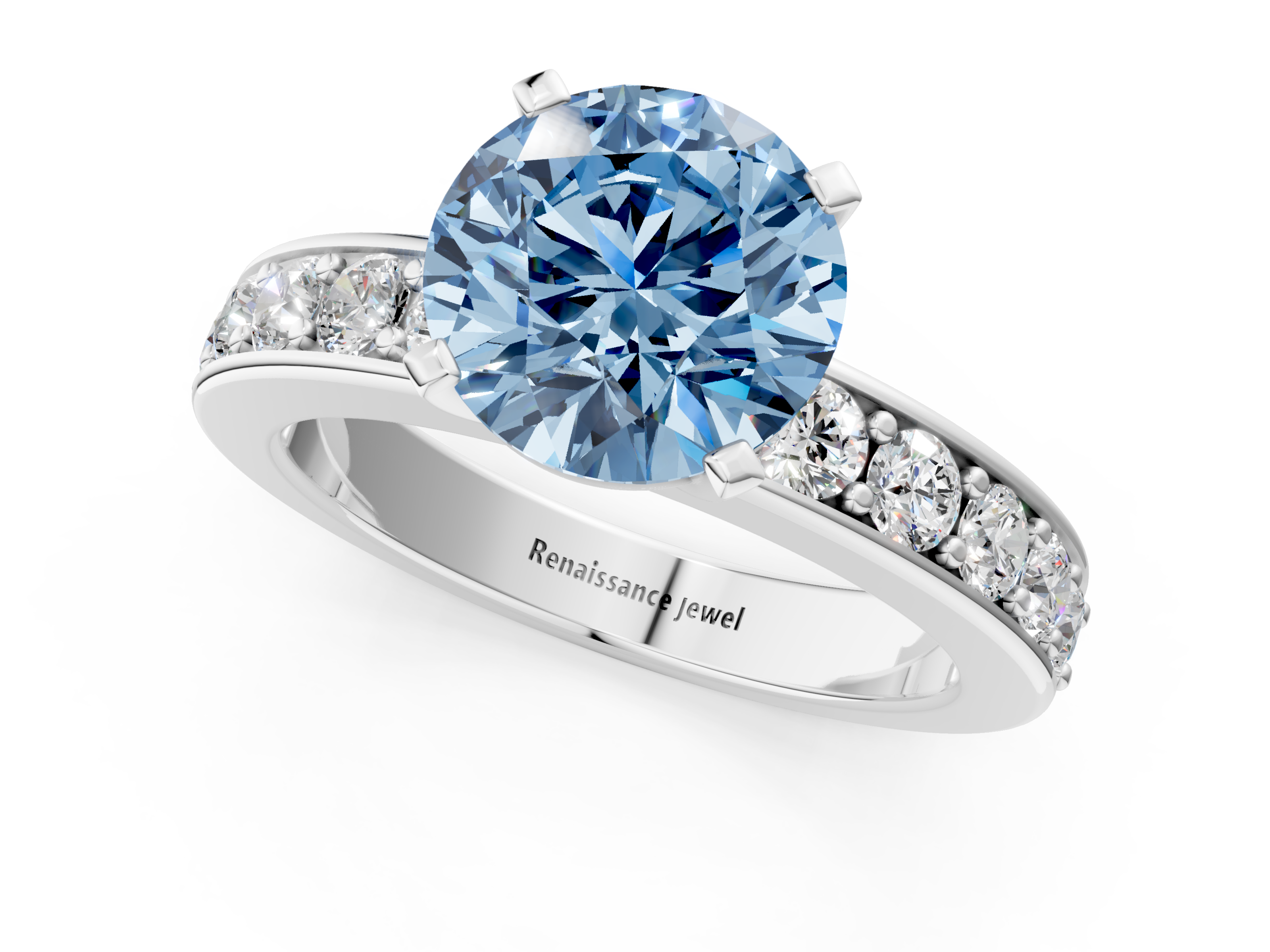 White gold Fancy Blue Round  Cut Channel Set Diamond Engagement Ring with Four-Prong Setting_238