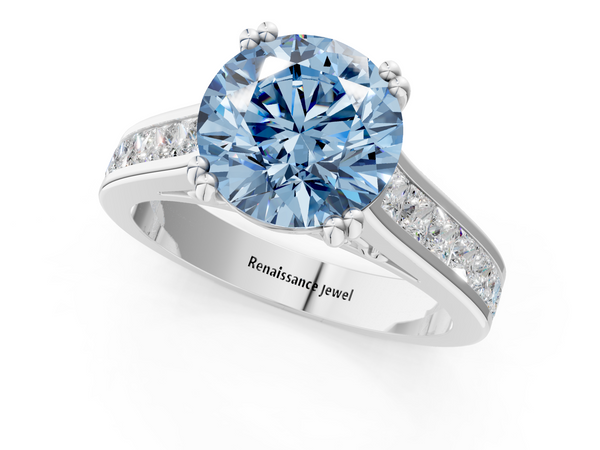 White gold Fancy Blue Round  Cut Channel Set Solitaire Engagement Ring with Prong Setting