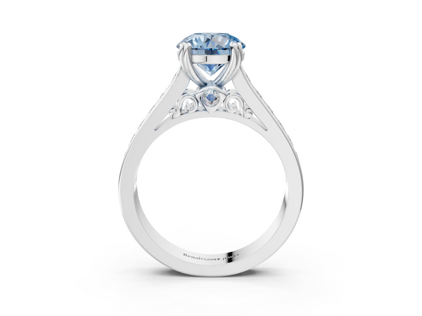 White gold Fancy Blue Round  Cut Channel Set Solitaire Engagement Ring with Prong Setting
