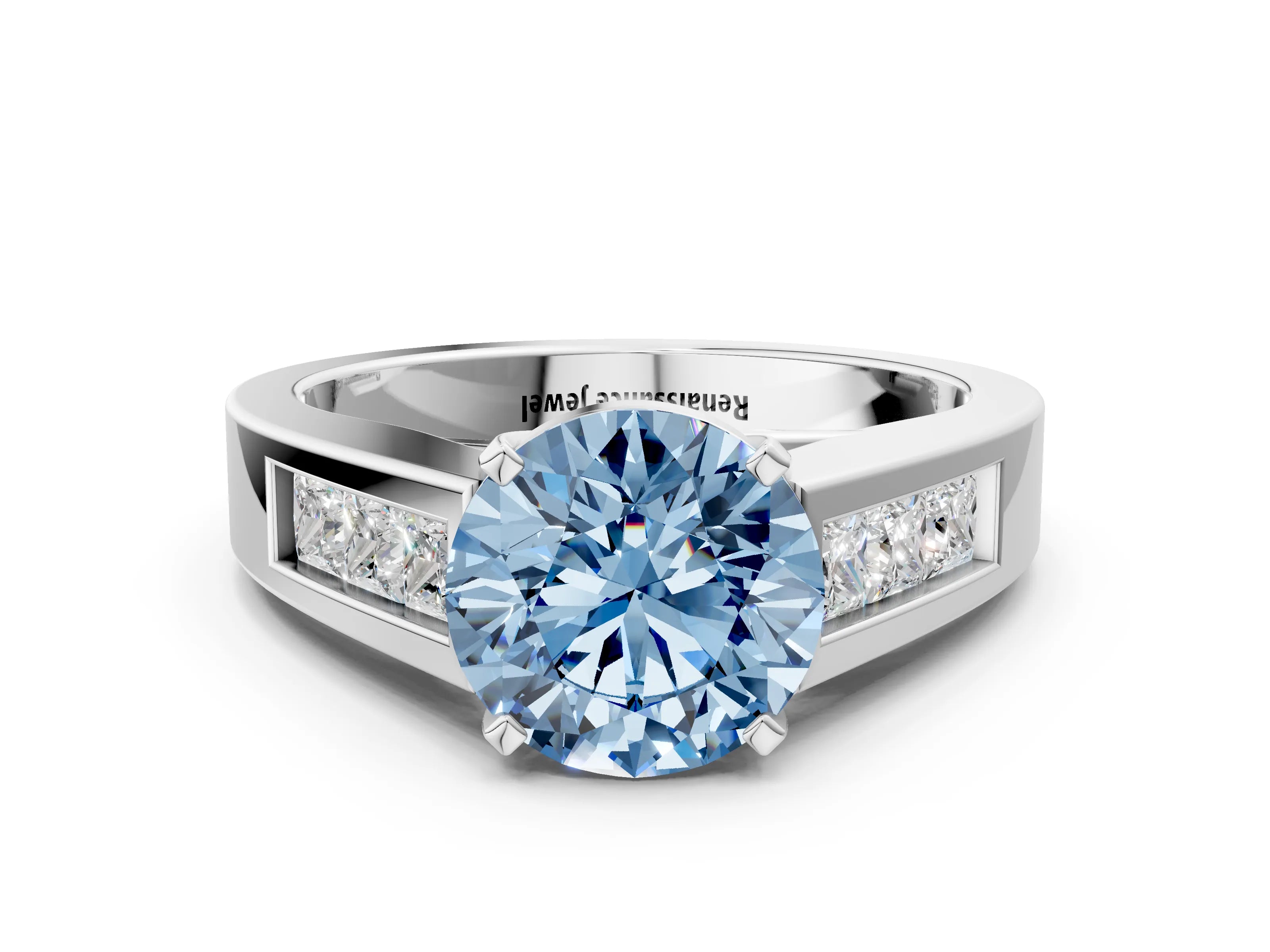 White gold Fancy Blue Round Cut Cut Channel Set Solitaire Ring with Four-Prong Setting_12