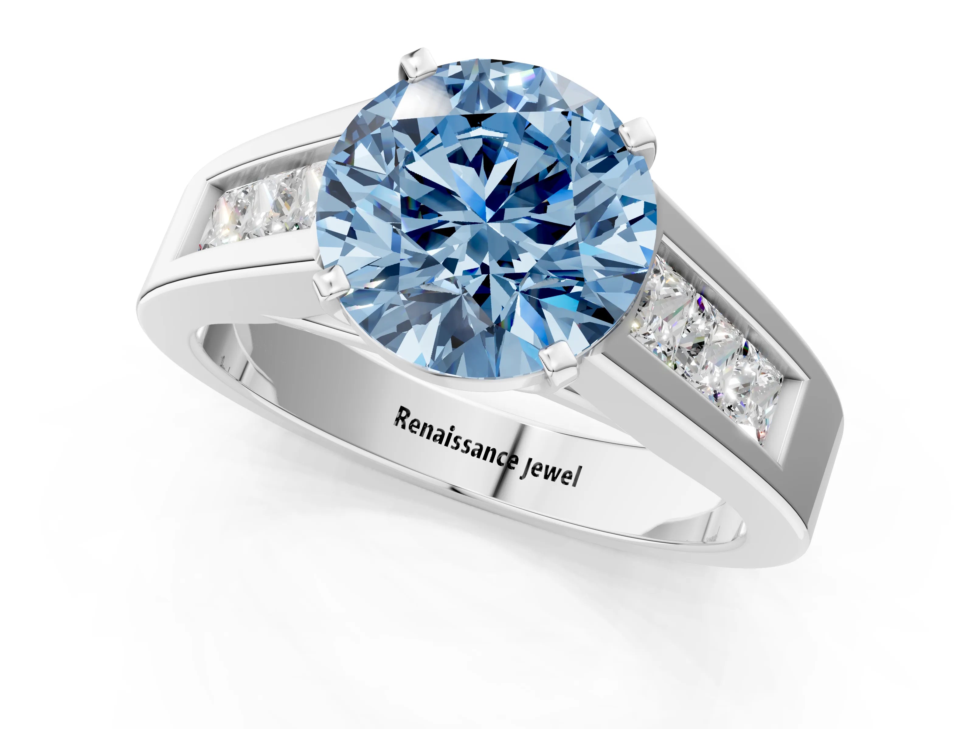 White gold Fancy Blue Round Cut Cut Channel Set Solitaire Ring with Four-Prong Setting_13
