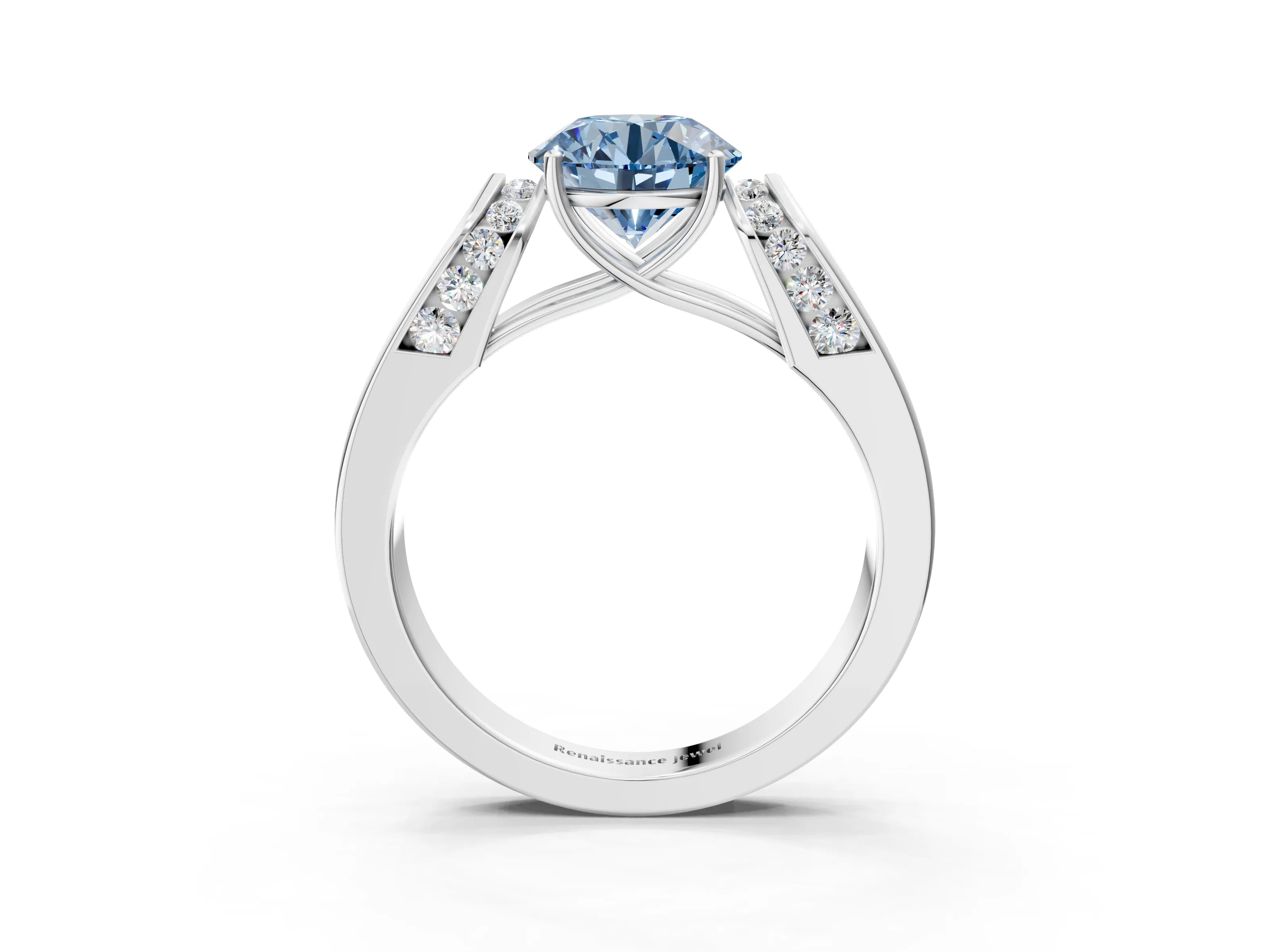 White gold Fancy Blue Round Cut Cut Diamond Channel Set Solitaire Ring with Four-Prong Setting_111