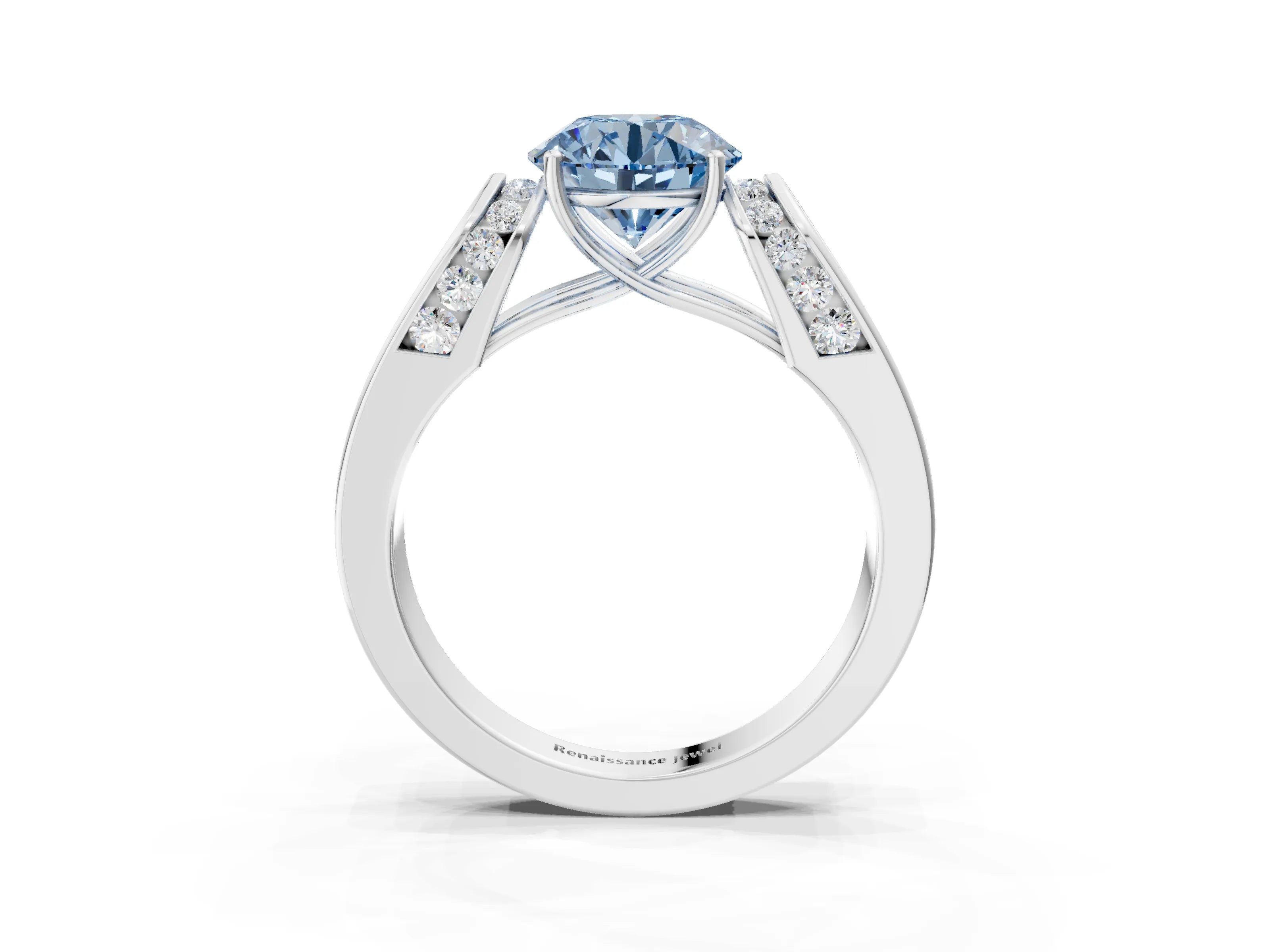 White gold Fancy Blue Round Cut Cut Diamond Channel Set Solitaire Ring with Four-Prong Setting_3