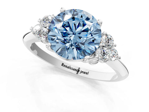 White gold Fancy Blue Round Cut Cut Diamond Cluster Ring with Solitaire Band and Four-Prong Setting_1