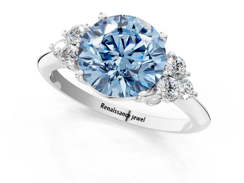 White gold Fancy Blue Round Cut Cut Diamond Cluster Ring with Solitaire Band and Four-Prong Setting_49