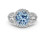 White gold Fancy Blue Round Cut Cut Diamond Halo Engagement Ring with Open Split Pavé Band